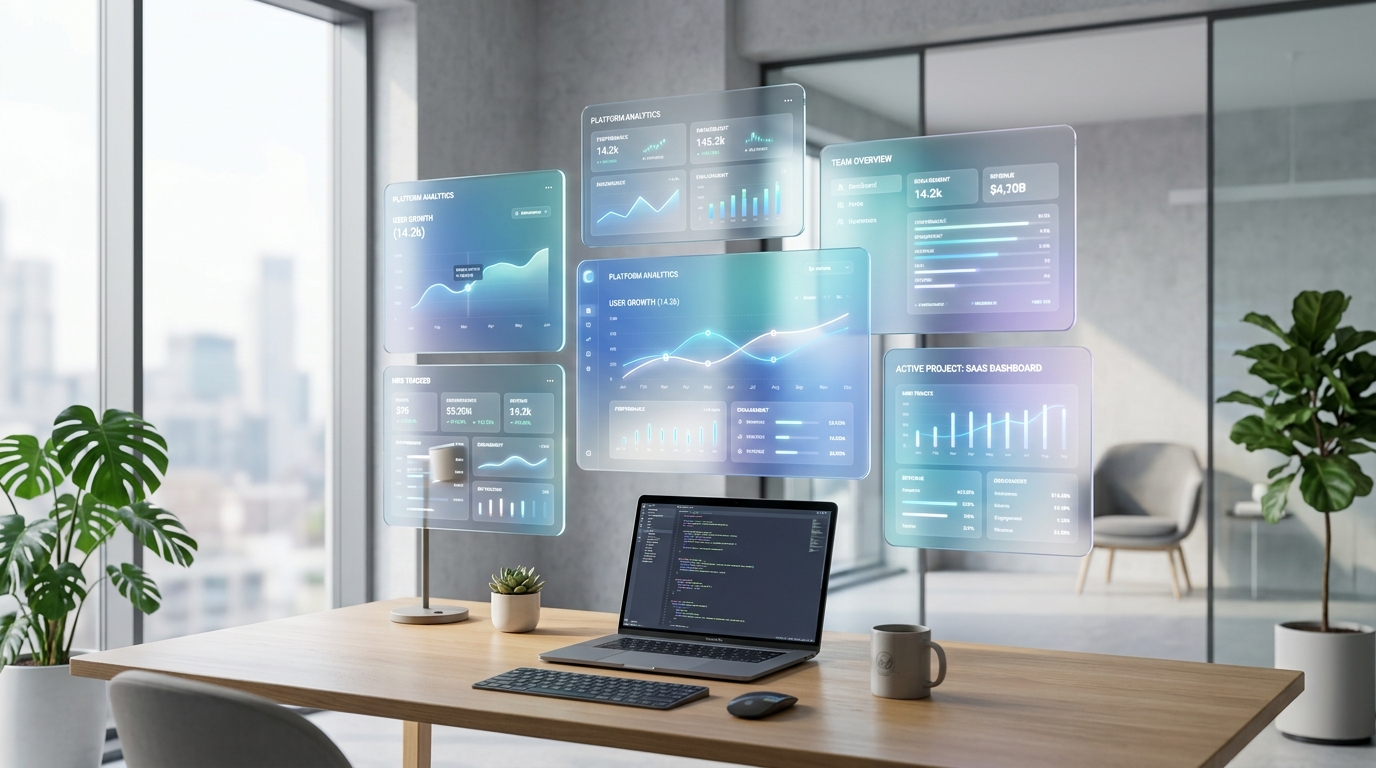 Virtual showroom with floating dashboard panels